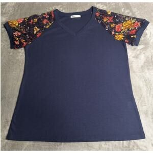 Women's Navy Ribbed V-Neck Top with Vibrant Floral Lace Sleeves - Size XL